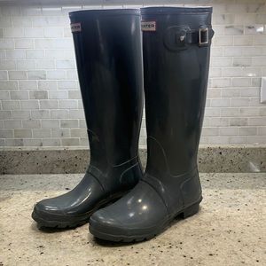 Gray tall Hunter rain boots